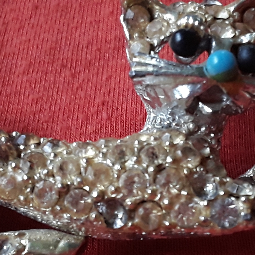😻 Vintage PIN  Cat Rhinestone Glass Eyes  Brooch  TURQUOISE NOSE - Picture 2 of 16
